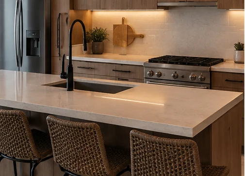 Warm wood custom kitchen with island and light countertop