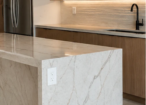 Modern wood kitchen with waterfall countertop and open shelving
