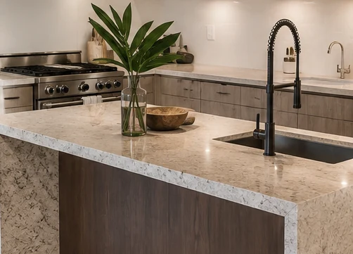Light wood kitchen with island, woven pendant and stone countertop